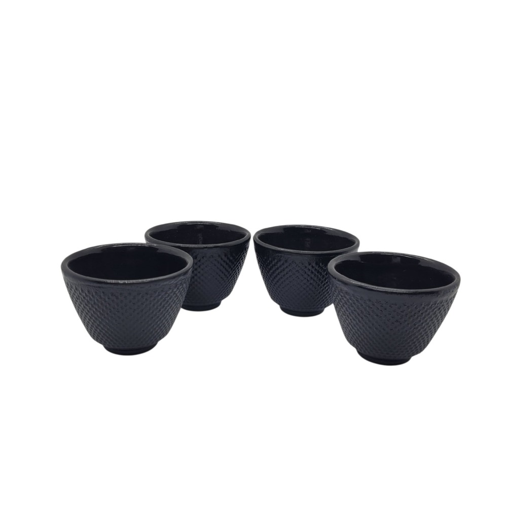 Set of 4 Cast Iron Tea Cups Black Hobnail Japanese Style Enamel Lined Arare 2in